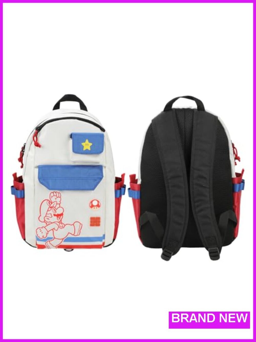 Super Mario Bros Mario Jump Pose 19" White Backpack with Laptop Sleeve